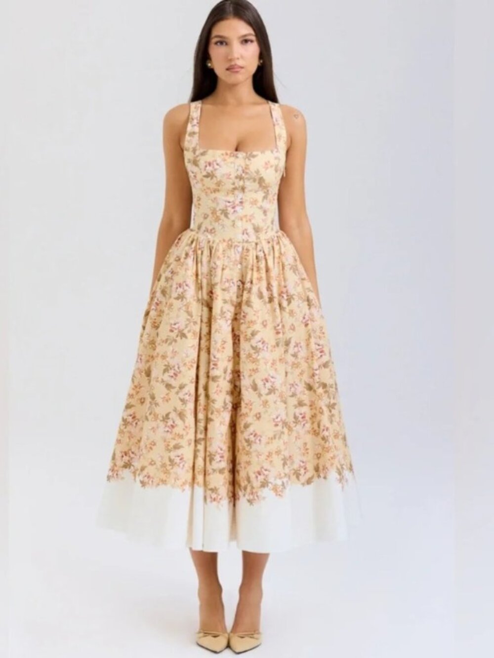 House of CB ALBA Honeyflower Print Gathered Cotton Midi Dress